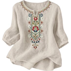 Linen Shirts for Women Trendy Summer Boho Embroidered 3/4 Length Sleeve Women Tops Dressy Casual Blouse Vacation Top in Saudi Arabia