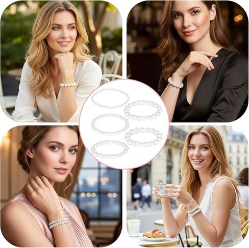 grevosea 5 قطع بيضاء فو اللؤلؤ تمتد أساور للنساء، تكويم مرونة وصيفه الشرف مجوهرات الزفاف تكويم فو اللؤلؤ أساور للنساء مجوهرات الزفاف سيدة in Saudi Arabia
