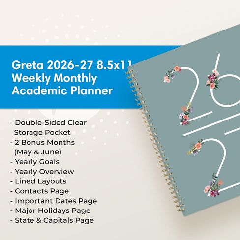 Blue Sky 2026-2027 Weekly and Monthly Academic Year Planner Calendar, July 2026 - June 2027, 8.5" x 11", Flexible Cover, Wirebound, Storage Pocket, Laminated Tabs, Greta in Saudi Arabia