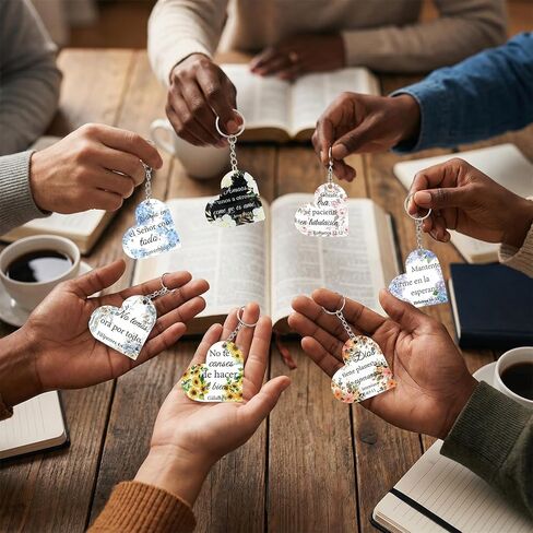 مجموعة 50 قطعة من سلسلة المفاتيح المسيحية الإسبانية، سلسلة مفاتيح آية الكتاب المقدس، هدايا دينية على شكل قلب مع كتاب ديني إسباني ملهم للتذكير اليومي بالإيمان in Saudi Arabia