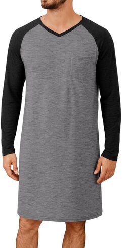 Runcati Mens Nightshirt Long Sleeve V Neck Nightgown Comfy Big & Tall Lounge Pajama Sleepwear Sleep Shirt in Saudi Arabia