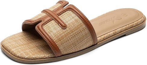 Athlefit Flat Sandals Women Summer Beach Slide Sandals Fashion Dressy | Raffia/PU/Faux Suede, TPR Outsole, Square Open Toe, Slip On, Cushioned Comfort, Casual Outings, Vacations, for Women Summer in Saudi Arabia