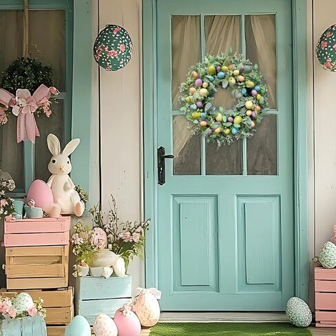 Easter Wreath, 20" Easter Colorful Eggs Door Wreath, Easter Wreaths with Green Leaves for Front Door Hanging Decorations for Home Party Farmhouse Spring Summer Indoor Outdoor Decor in Saudi Arabia