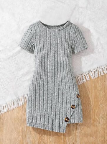 Girls Ribbed Knit Short Sleeve Dress Soft Stretchy Casual Sweater Dress Solid Color Slim Fit Outfits with Button Detail in Saudi Arabia