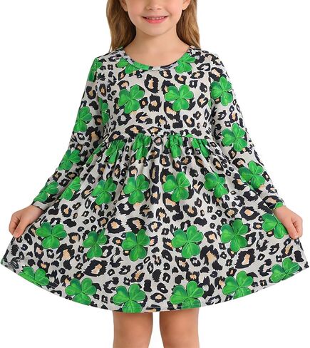 فستان سانت باتريك للفتيات الصغيرات بطباعة البرسيم الأخضر، فساتين بأكمام طويلة 3-8 سنوات in Kuwait