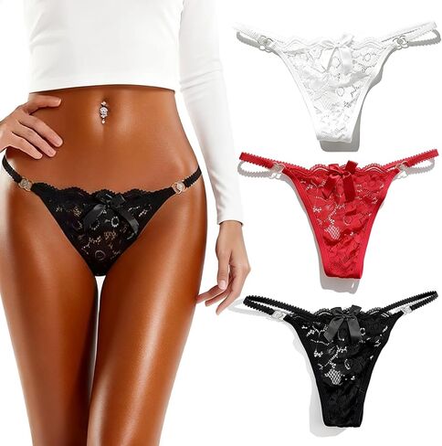 سراويل نسائية من الدانتيل قابلة للتعديل على شكل حرف G مكونة من 3 قطع - ملابس داخلية مثيرة على شكل حرف T قابلة للتنفس in Kuwait