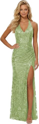 Women's Sequin Halter Prom Dresses with Split Long Mermaid Ruched Formal Evening Gowns 2026 in Kuwait