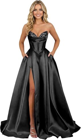 فستان حفلة موسيقية من الساتان SNOWROSE للنساء 2026 ترتر سباركلي طويل على شكل حرف A مكشكش مشد رسمي فستاين سهرة/فساتين الحفلات مع جيوب مشقوقة in Kuwait