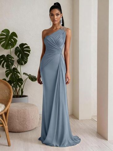 Chiffon One Shoulder Bridesmaid Dresses for Women Long Mermaid Pleated Formal Evening Party Gown in Saudi Arabia