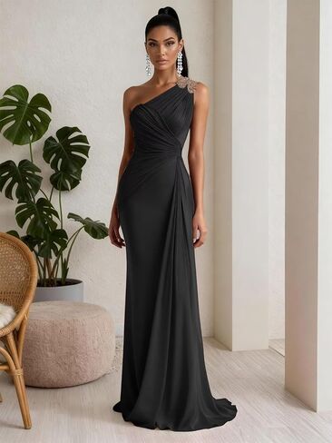 Chiffon One Shoulder Bridesmaid Dresses for Women Long Mermaid Pleated Formal Evening Party Gown in Saudi Arabia