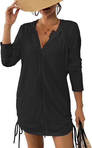 Bsubseach Womens Swim Cover Up UPF 50+ Long Sleeve Hooded Zip Jacket Sun Protection SPF Drawstring Beach Coverup Dress in Saudi Arabia
