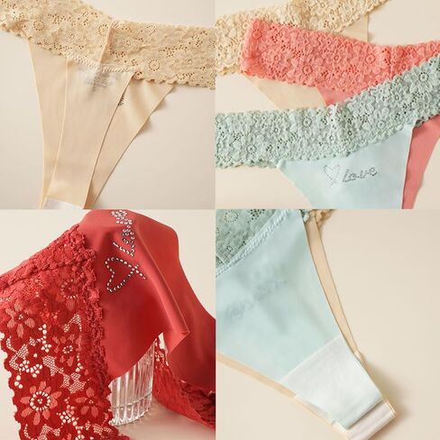 6 PCS Lace Low Rise Seamless Thong, Women Underwear Crystal Detail Lace Waistband Soft Touch Invisible Panty Set in Saudi Arabia