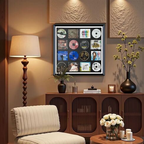 CD Case, DVD Display Rack, CD/DVD Case Display Frame, Signed Album Display Frame, Disc Collection Display, Multimedia Wall Art, Can be stored on 8 Discs and 8 Covers.24.8X 24.8X 1.77,Black,1 Pack in Kuwait