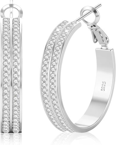 أقراط LOUMILEO بعرض 5 مم من الفضة الإسترلينية للنساء خفيفة الوزن وذهبية لامعة مزدوجة من حجر الراين أقراط فضية لا تسبب الحساسية مع مجوهرات زركونيا مكعبة هدية 30 مم/40 مم in Kuwait