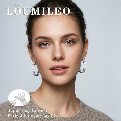 أقراط LOUMILEO بعرض 5 مم من الفضة الإسترلينية للنساء خفيفة الوزن وذهبية لامعة مزدوجة من حجر الراين أقراط فضية لا تسبب الحساسية مع مجوهرات زركونيا مكعبة هدية 30 مم/40 مم in Kuwait