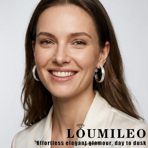 أقراط LOUMILEO بعرض 5 مم من الفضة الإسترلينية للنساء خفيفة الوزن وذهبية لامعة مزدوجة من حجر الراين أقراط فضية لا تسبب الحساسية مع مجوهرات زركونيا مكعبة هدية 30 مم/40 مم in Kuwait
