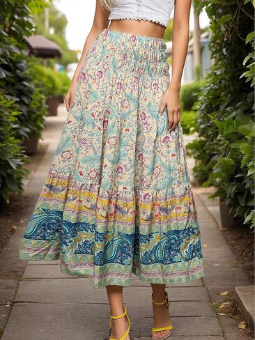 Womens Summer Maxi Skirt Boho Long Floral Style High Waist A Line Beach Vacation Wear in Saudi Arabia