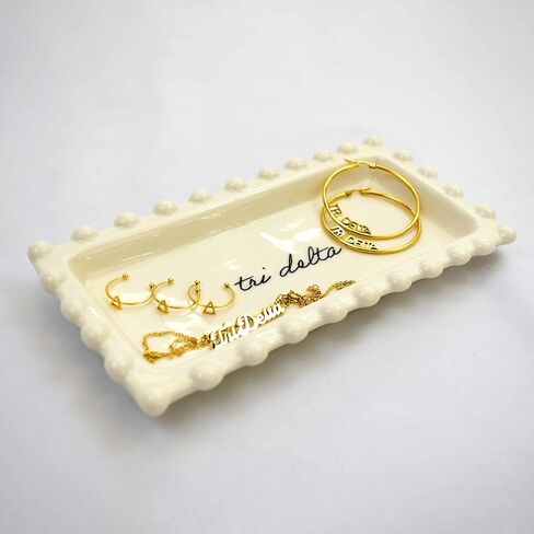 Sorority Shop Delta Phi Epsilon Jewelry Dish - Rectangular Gloss Finish Ceramic tray with Sorority Name in Cursive Script, Multi-Function Ceramic Ring Dish, Ideal for Jewelry and Keys in Saudi Arabia