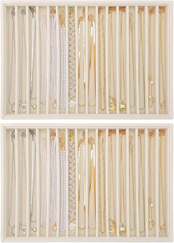 Ewen 2 حزمة من 16 شبكة من منظمي المجوهرات وصواني التخزين القابلة للتكديس، وإدراج أدراج منظم المجوهرات الكبيرة، 13.78x9.45x1.18in حقيبة عرض حامل قلادة مخملية بيج لتنظيم حلقات الأقراط in Kuwait