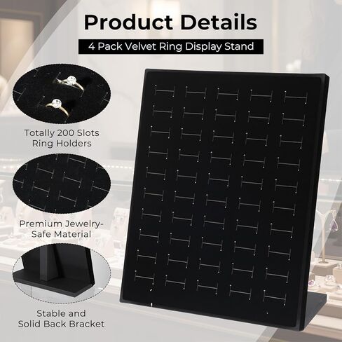 حامل عرض حلقات مخملية مكون من 4 قطع مع 200 فتحة (50 فتحة/عبوة)، صينية تنظيم المجوهرات على شكل حرف L لبيع الخواتم والأقراط - أسود in Kuwait