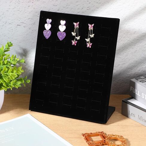 حامل عرض حلقات مخملية مكون من 4 قطع مع 200 فتحة (50 فتحة/عبوة)، صينية تنظيم المجوهرات على شكل حرف L لبيع الخواتم والأقراط - أسود in Kuwait