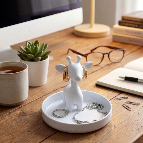 Giraffe Ring Holder with Circular Dish Giraffe Ring Dish 3D Printed Plastic Marble Farmhouse Style Cute Women Gifts Stuff Jewelry Plate Organizer for Bathroom Office Home Room Desk Decor in Saudi Arabia
