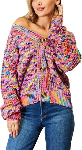 سترة نسائية كاجوال متعددة الألوان مكتنزة ورقبة على شكل حرف v وأكمام طويلة سترة صوفية من نسيج الأكريليك الناعم وأكمام طويلة بأزرار in Kuwait