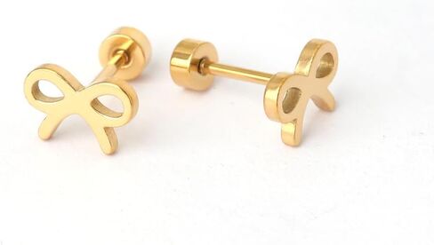 أقراط من الفولاذ الجراحي مطلية بالذهب عيار 18 قيراط مضادة للحساسية مع ظهر مسطح مثبت بمسمار، زوج واحد، على شكل فيونكة in Kuwait