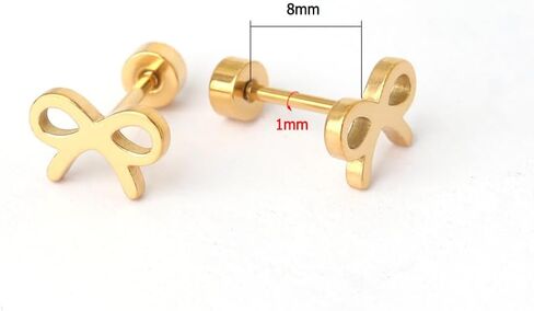 أقراط من الفولاذ الجراحي مطلية بالذهب عيار 18 قيراط مضادة للحساسية مع ظهر مسطح مثبت بمسمار، زوج واحد، على شكل فيونكة in Kuwait