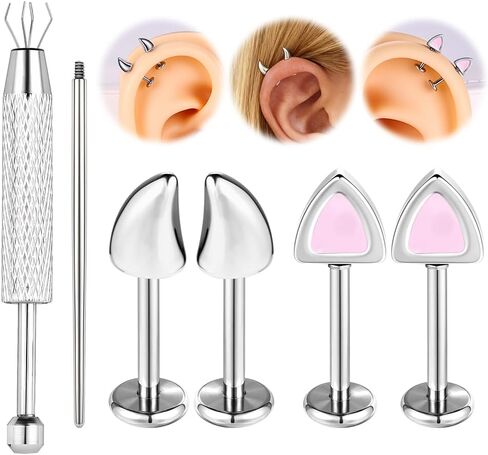 BodyAce 2 Pairs Flat Back Earrings Devil Horns Ear Piercing Kit Cat Ears Conch Piercing Black Helix Jewelry 16g Lip Rings Cute Stud Earring for Women in Saudi Arabia