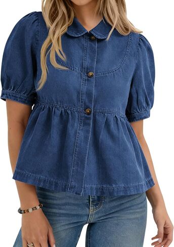 Yousify Womens Button Down Denim Shirts Short Puff Sleeve Babydoll Peplum Casual Jean Tops Summer Ruffle Flowy Blouses in Saudi Arabia