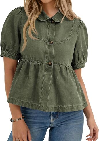 Yousify Womens Button Down Denim Shirts Short Puff Sleeve Babydoll Peplum Casual Jean Tops Summer Ruffle Flowy Blouses in Saudi Arabia