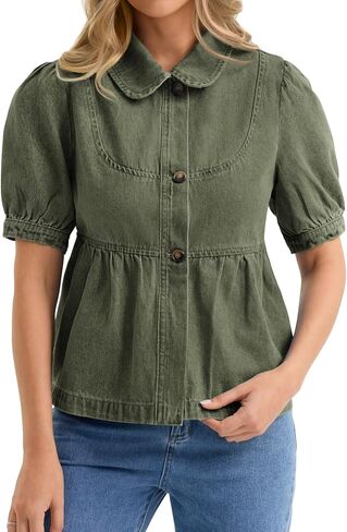 Yousify Womens Button Down Denim Shirts Short Puff Sleeve Babydoll Peplum Casual Jean Tops Summer Ruffle Flowy Blouses in Saudi Arabia