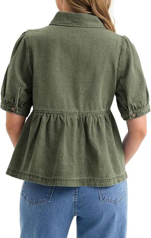 Yousify Womens Button Down Denim Shirts Short Puff Sleeve Babydoll Peplum Casual Jean Tops Summer Ruffle Flowy Blouses in Saudi Arabia
