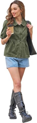 Yousify Womens Button Down Denim Shirts Short Puff Sleeve Babydoll Peplum Casual Jean Tops Summer Ruffle Flowy Blouses in Saudi Arabia