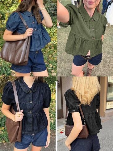 Yousify Womens Button Down Denim Shirts Short Puff Sleeve Babydoll Peplum Casual Jean Tops Summer Ruffle Flowy Blouses in Saudi Arabia