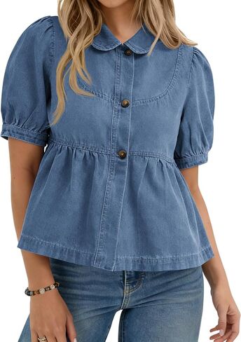 Yousify Womens Button Down Denim Shirts Short Puff Sleeve Babydoll Peplum Casual Jean Tops Summer Ruffle Flowy Blouses in Saudi Arabia