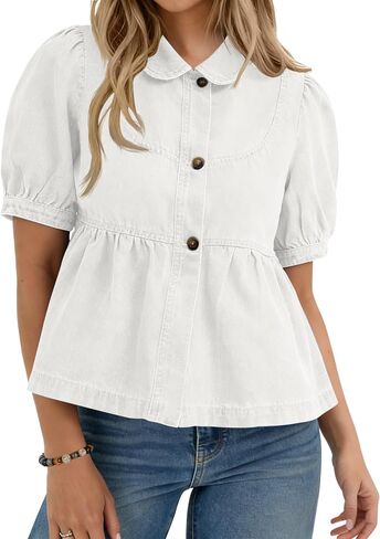 Yousify Womens Button Down Denim Shirts Short Puff Sleeve Babydoll Peplum Casual Jean Tops Summer Ruffle Flowy Blouses in Saudi Arabia