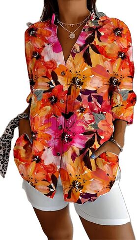 Womens Tops Long Sleeve Shirts Casual Botton Down Floral Printed V Neck Collared Dressy Blouses in Kuwait