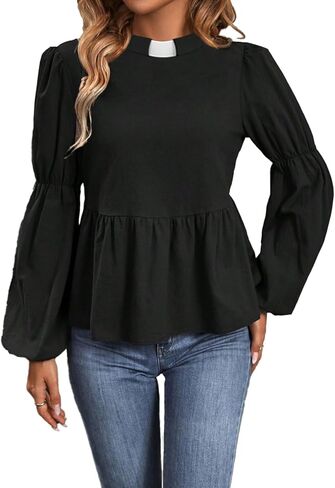 قمصان رجال الدين للنساء قميص طويل الأكمام فانوس ورقبة دائرية وبلوزة كشكشة وقميص كاهن مع ياقة عروة in Kuwait