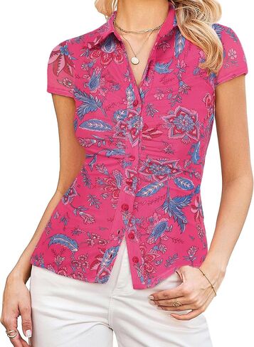GRACE KARIN Women Mesh Boho Tops Dressy Casual, Short Sleeve Button Down Collared Shirts, 2026 Summer Fashion Floral Blouses in Saudi Arabia