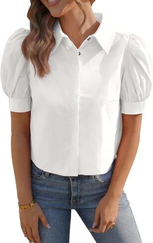 Tankaneo Womens Cropped Button Down Shirts Summer Puff Short Sleeve Collared Tops Dressy Casual Cotton Blouse in Saudi Arabia