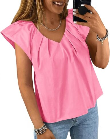 Tankaneo Womens Cap Ruffle Sleeve Tops Summer Dressy Casual V Neck Pleated Blouses Loose Fit Cotton Shirts in Saudi Arabia