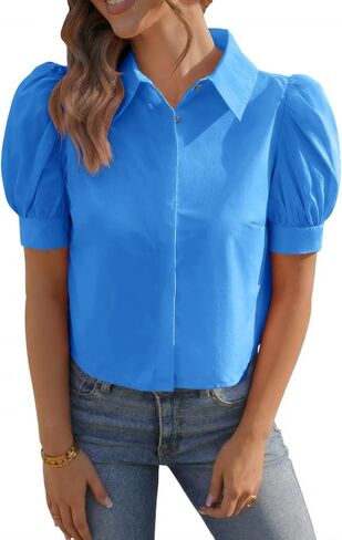Tankaneo Womens Cropped Button Down Shirts Summer Puff Short Sleeve Collared Tops Dressy Casual Cotton Blouse in Saudi Arabia