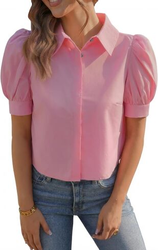 Tankaneo Womens Cropped Button Down Shirts Summer Puff Short Sleeve Collared Tops Dressy Casual Cotton Blouse in Saudi Arabia