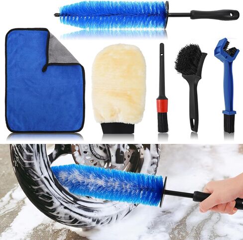 Set of 6 Motorcycle Cleaning Brush Kit, Motorcycle Detailing Wash Kit, Include Easy Reach Brush, Chain, Stiff Tire, Detailing Brush, Wool Wash Mitt, Microfiber Towel for Motorcycle, Bicycle in Saudi Arabia