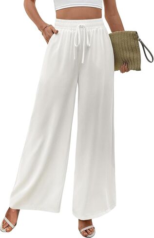 SEAFORM المرأة عادية بالازو السراويل فضفاضة عالية الخصر فلوي واسعة الساق بنطلون الصيف صالة العمل بناطيل الشواطئ مع جيوب in Kuwait