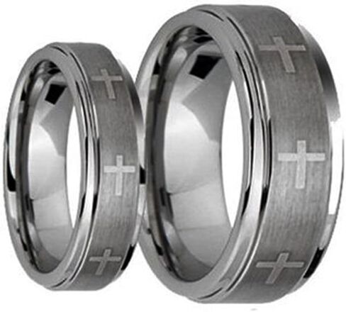 Wedding Rings for Him and Her - 8MM/6MM Brushed Center With Laser Cross Engraved Shiny Edge Tungsten Carbide - Couple Rings Set - Wedding Bands for Couples - Wedding Band Sets for Couples in Kuwait