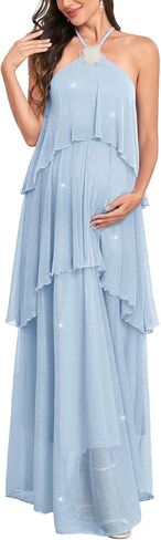 Maternity Halter Neck Maxi Dress Sparkly Mesh Tiered Ruffle Pregnancy Gown with Flower for Baby Shower Photoshoot in Saudi Arabia