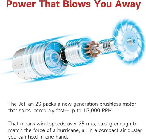 منفضة هواء كهربائية KiCA Jetfan 2.0 للكمبيوتر/لوحة المفاتيح/تنظيف المنزل/عدسة الكاميرا/التخييم/شواء/السيارة/صالون الحلاقة/تجفيف الشعر، 100000 دورة في الدقيقة، فوهة مطورة/عمر البطارية، أداة بديلة للهواء - أسود in Kuwait